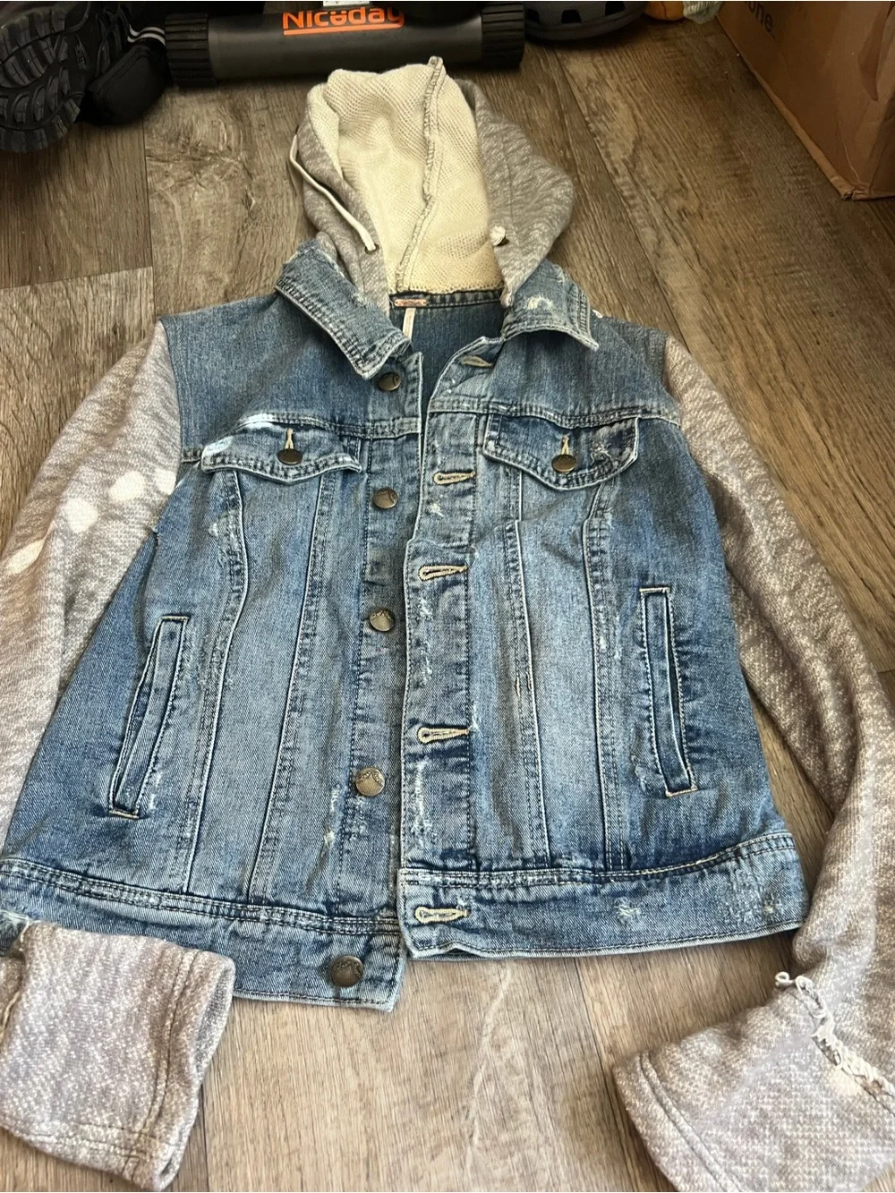 Free People | Distressed Knit Sleeve Denim Jacket S Grunge Hooded Streetwear - Picture 4 of 14